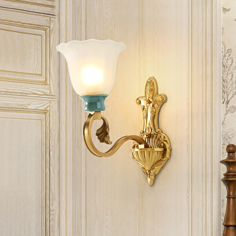 Vintage Frosted Glass Wall Mount Lamp With Gold Finish - Petal Shade Bedroom Sconce 1 /