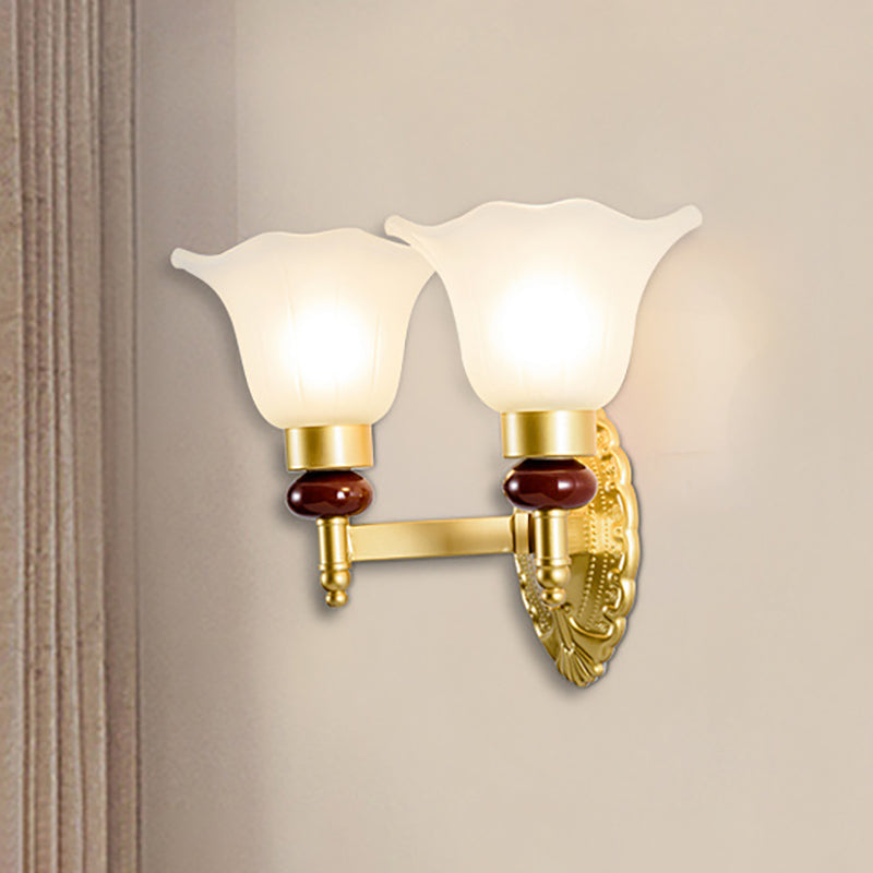 Vintage Style Gold Wall Sconce With Opal Glass Petal Shade - 1/2-Head Bedroom Fixture