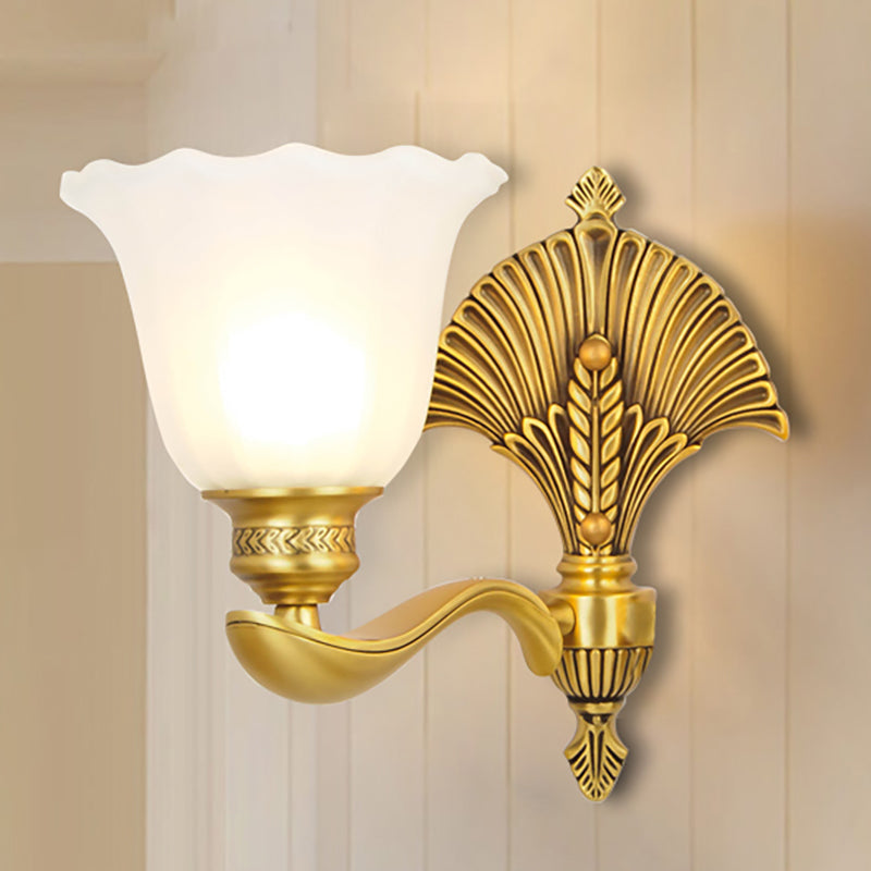 Colonial Milk Glass Bedroom Sconce With Scalloped Design And Gold Finish