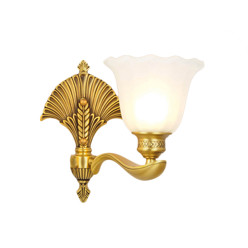 Colonial Milk Glass Bedroom Sconce With Scalloped Design And Gold Finish