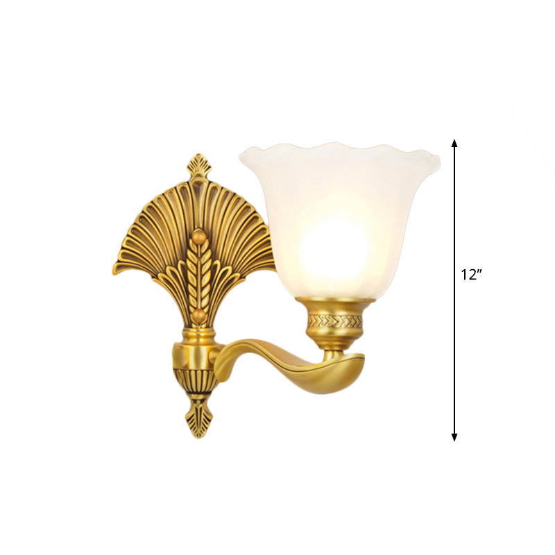 Colonial Milk Glass Bedroom Sconce With Scalloped Design And Gold Finish