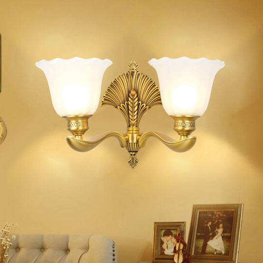 Colonial Milk Glass Bedroom Sconce With Scalloped Design And Gold Finish