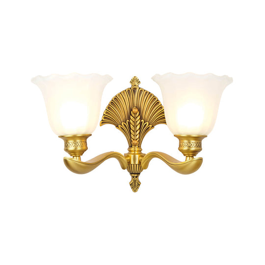 Colonial Milk Glass Bedroom Sconce With Scalloped Design And Gold Finish