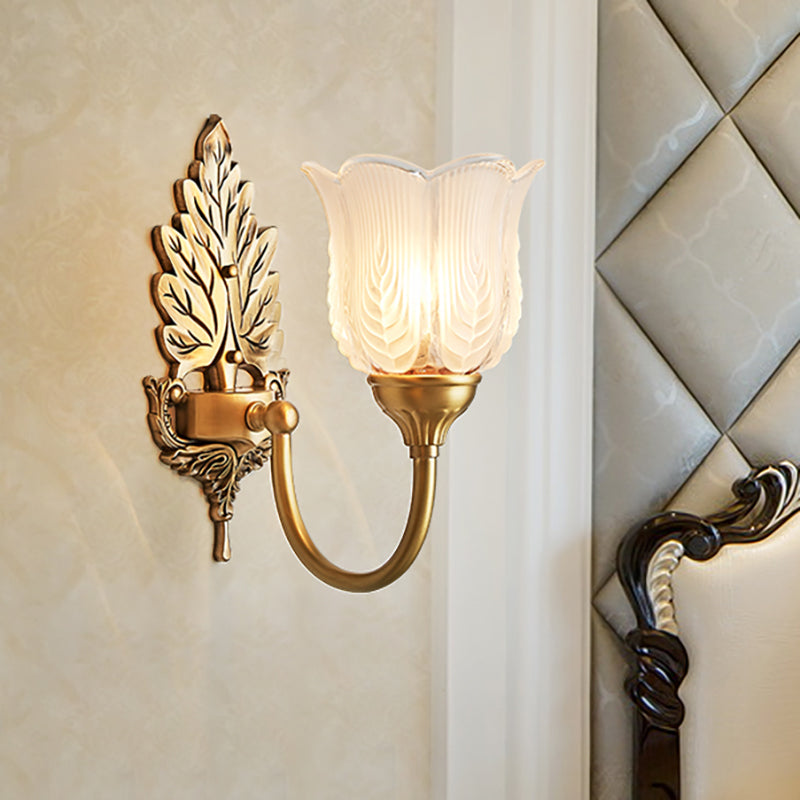 Antique Style Golden Leaf Wall Sconce With Frosted Glass Shade - Ideal For Bedroom Lighting 1 / Gold