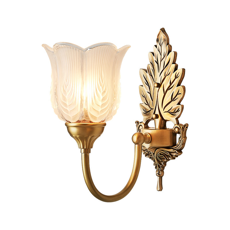 Antique Style Golden Leaf Wall Sconce With Frosted Glass Shade - Ideal For Bedroom Lighting