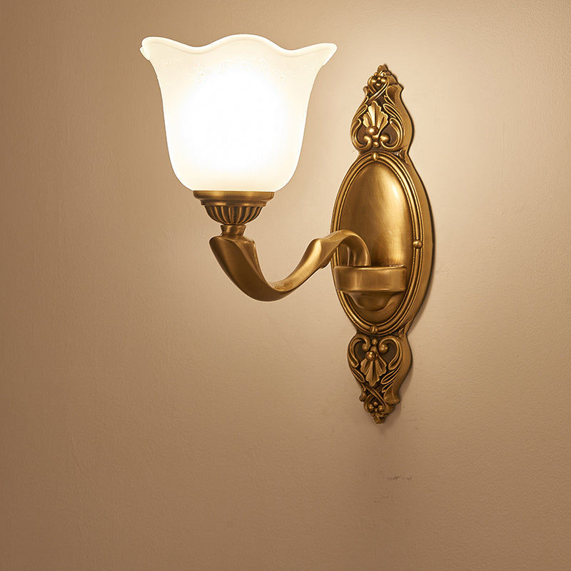 Vintage-Style Flower Opal Glass Wall Lamp With Golden Metal Arm - 1/2-Light Bedroom Mounted Lighting