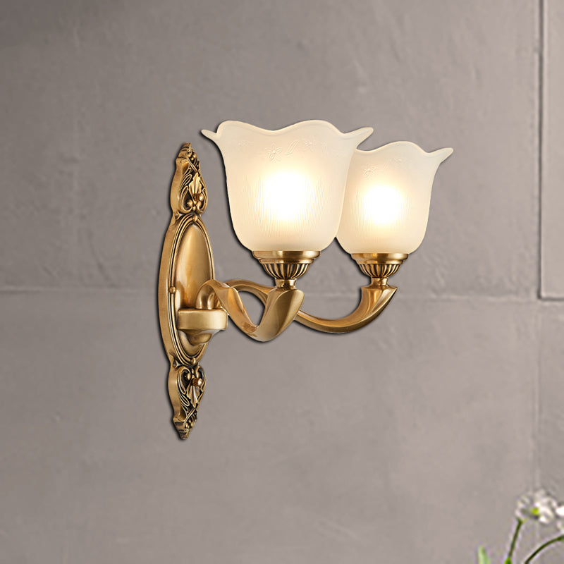 Vintage-Style Flower Opal Glass Wall Lamp With Golden Metal Arm - 1/2-Light Bedroom Mounted Lighting