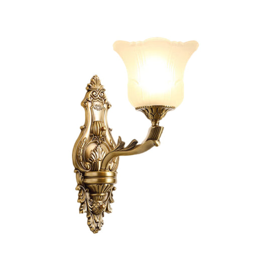 Opal Glass Petal Wall Sconce - Classic 1/2-Head Bedroom Light With Brass Carved Arm