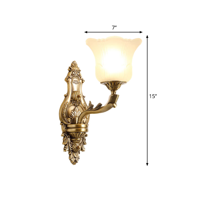 Opal Glass Petal Wall Sconce - Classic 1/2-Head Bedroom Light With Brass Carved Arm