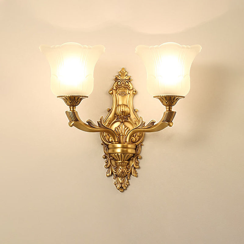 Opal Glass Petal Wall Sconce - Classic 1/2-Head Bedroom Light With Brass Carved Arm