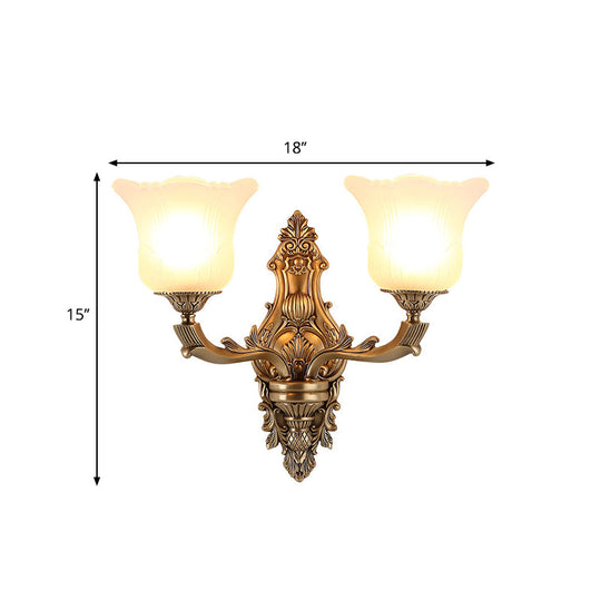 Opal Glass Petal Wall Sconce - Classic 1/2-Head Bedroom Light With Brass Carved Arm