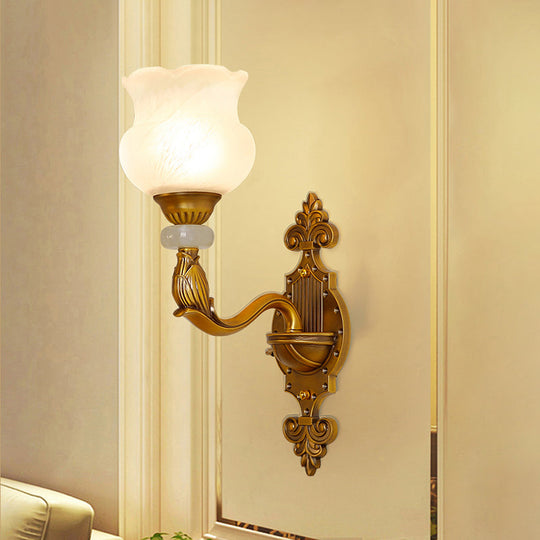 Classic Floral Wall Sconce With Milk Glass Shade And Brass Carved Backplate 1 /