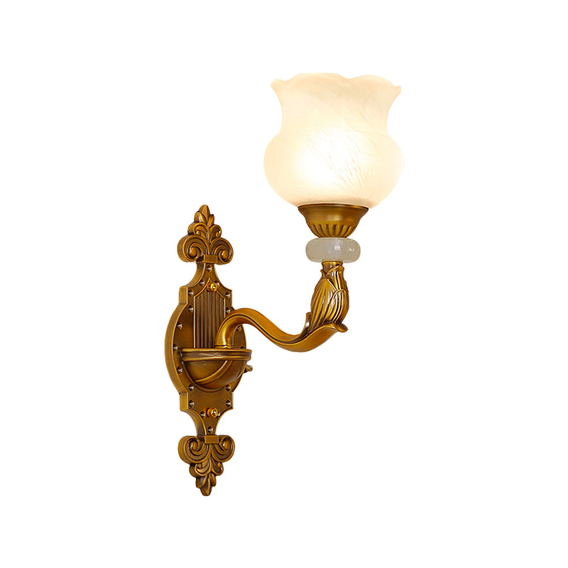 Classic Floral Wall Sconce With Milk Glass Shade And Brass Carved Backplate