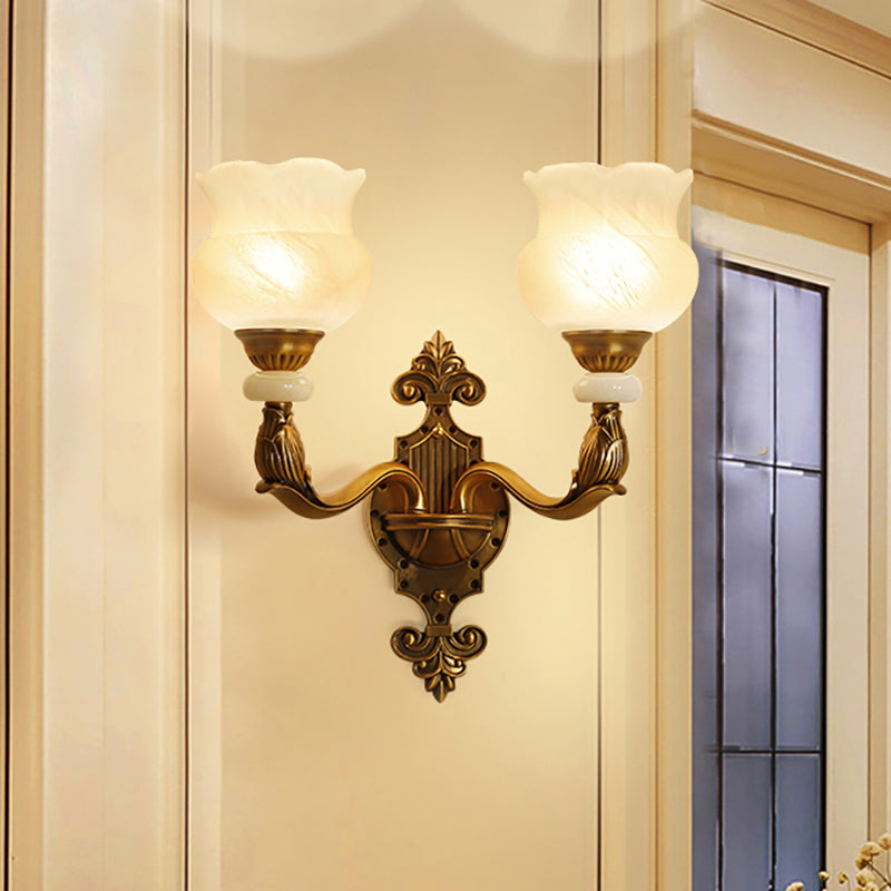 Classic Floral Wall Sconce With Milk Glass Shade And Brass Carved Backplate