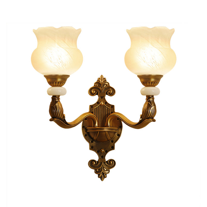 Classic Floral Wall Sconce With Milk Glass Shade And Brass Carved Backplate