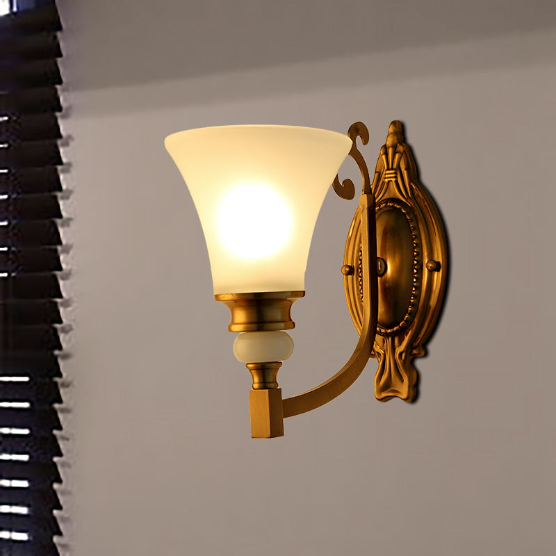 Vintage Style Frosted Glass Wall Lamp With Flared Shade And Brass Finish - 1/2-Light Bedroom