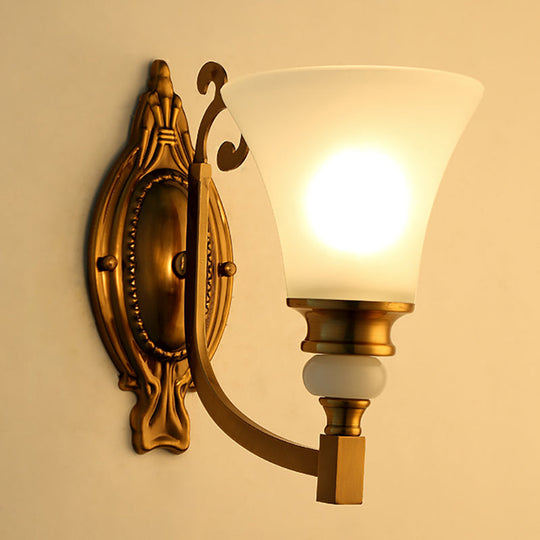 Vintage Style Frosted Glass Wall Lamp With Flared Shade And Brass Finish - 1/2-Light Bedroom