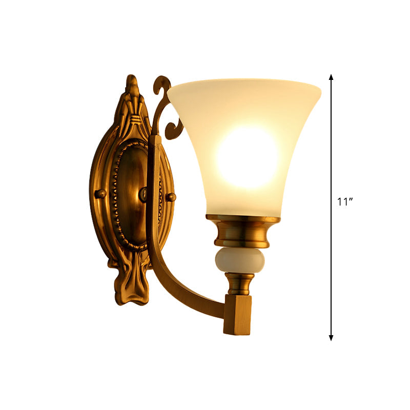 Vintage Style Frosted Glass Wall Lamp With Flared Shade And Brass Finish - 1/2-Light Bedroom