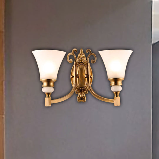 Vintage Style Frosted Glass Wall Lamp With Flared Shade And Brass Finish - 1/2-Light Bedroom