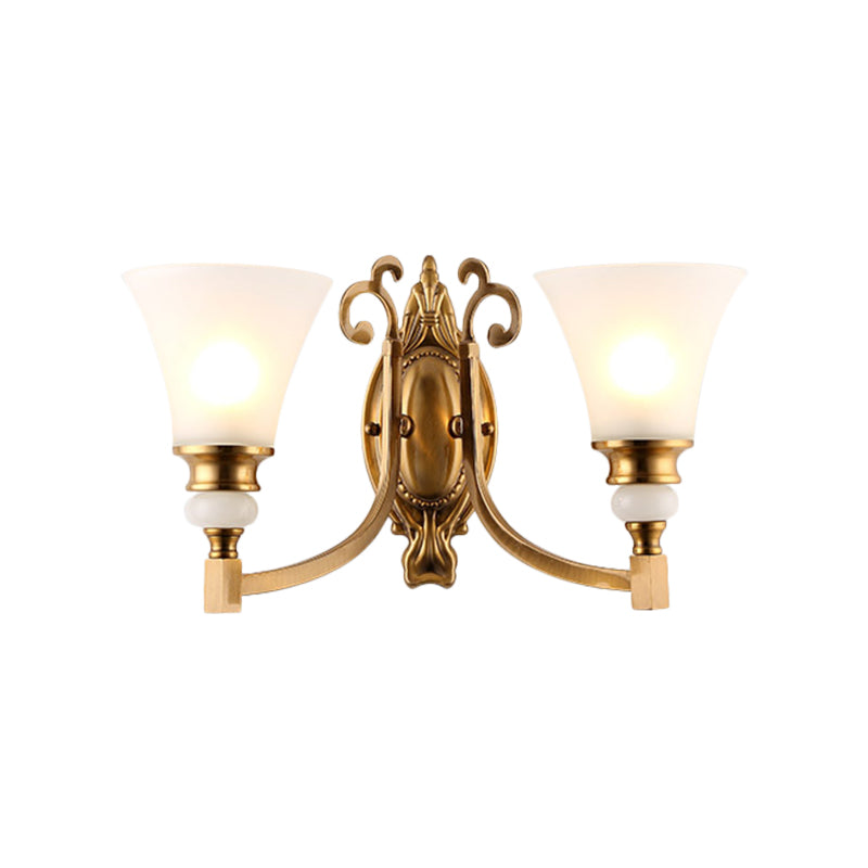 Vintage Style Frosted Glass Wall Lamp With Flared Shade And Brass Finish - 1/2-Light Bedroom