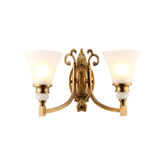 Vintage Style Frosted Glass Wall Lamp With Flared Shade And Brass Finish - 1/2-Light Bedroom