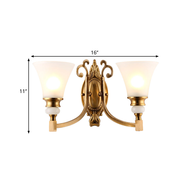 Vintage Style Frosted Glass Wall Lamp With Flared Shade And Brass Finish - 1/2-Light Bedroom