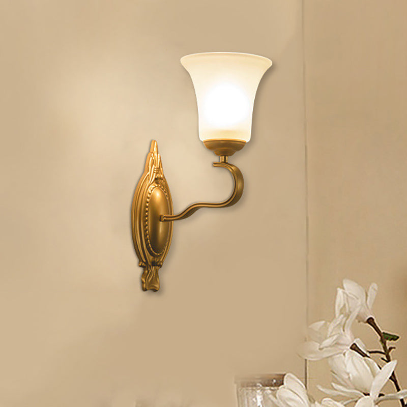 Vintage Style Gold Bell Opal Glass Wall Sconce Light Fixture For Hallways - 1/2-Head Corridor Mount