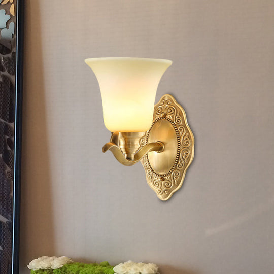 Classic Bell Shade Wall Light Fixture With Frosted Glass Sconce Lamp And Metallic Arm 1 / Gold