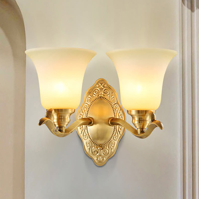 Classic Bell Shade Wall Light Fixture With Frosted Glass Sconce Lamp And Metallic Arm 2 / Gold