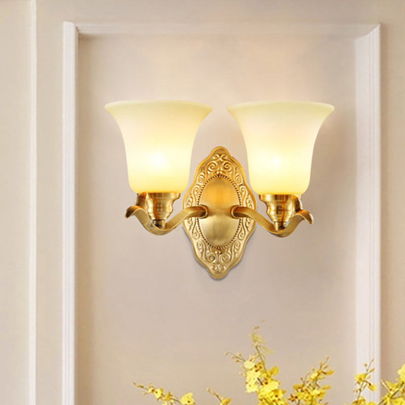 Classic Bell Shade Wall Light Fixture With Frosted Glass Sconce Lamp And Metallic Arm