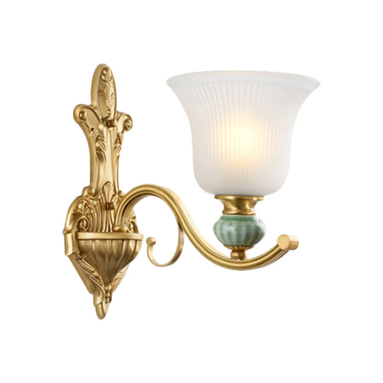 Golden Curved Arm Bell Wall Light With Frosted Glass And Ceramic Deco - Modern Style