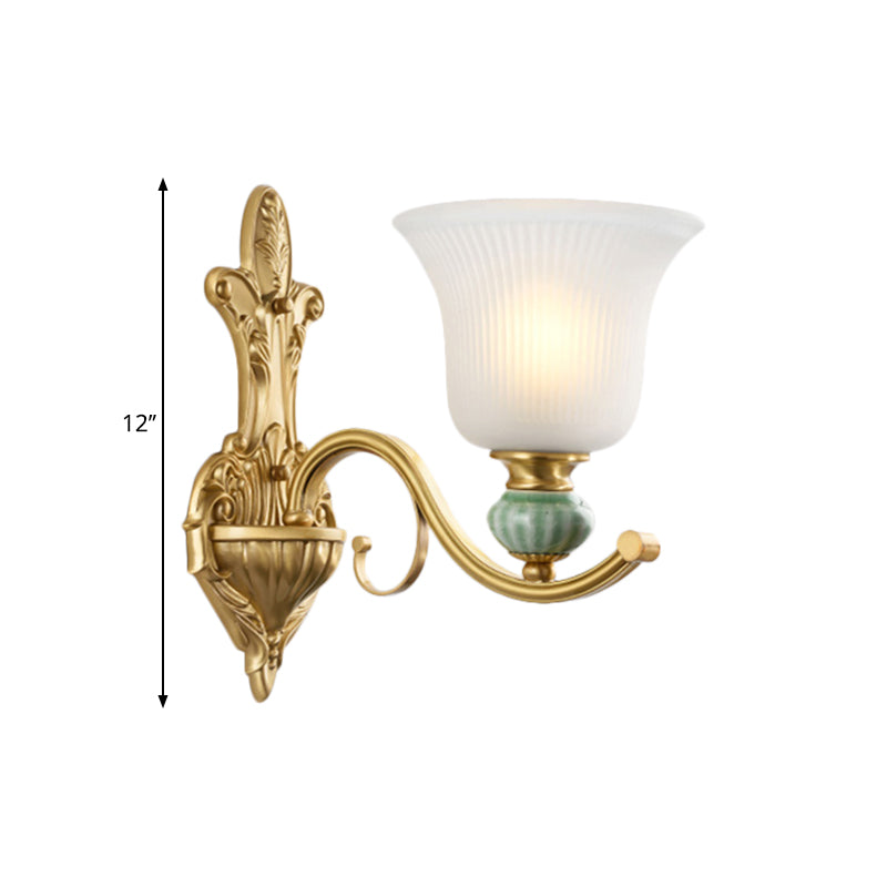 Golden Curved Arm Bell Wall Light With Frosted Glass And Ceramic Deco - Modern Style