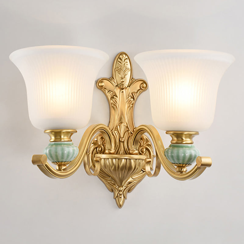 Golden Curved Arm Bell Wall Light With Frosted Glass And Ceramic Deco - Modern Style 2 / Gold