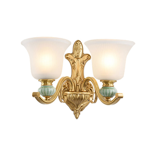 Golden Curved Arm Bell Wall Light With Frosted Glass And Ceramic Deco - Modern Style