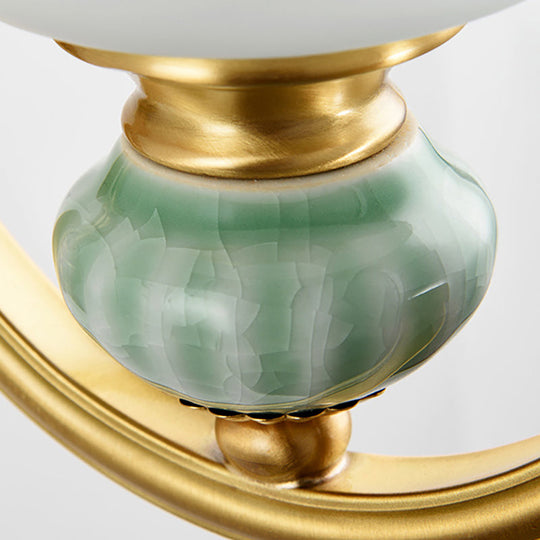 Golden Curved Arm Bell Wall Light With Frosted Glass And Ceramic Deco - Modern Style