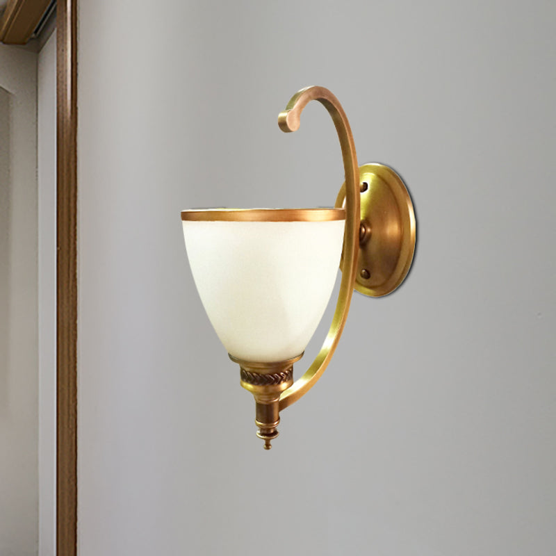 Colonial Style Metal Curved Wall Sconce With Opal Glass Shade - 1/2-Light Bedroom Gold Lighting