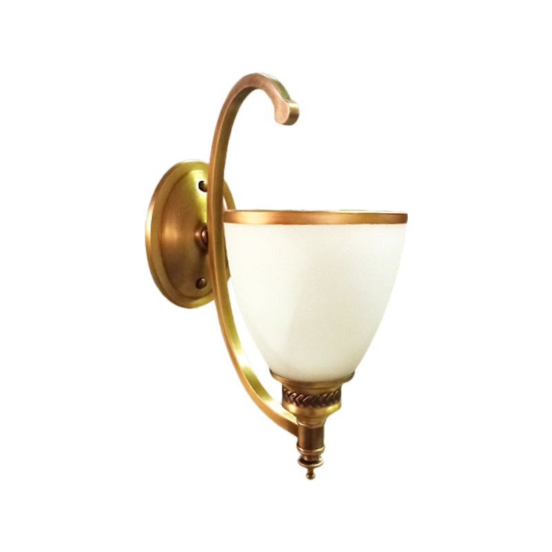 Colonial Style Metal Curved Wall Sconce With Opal Glass Shade - 1/2-Light Bedroom Gold Lighting