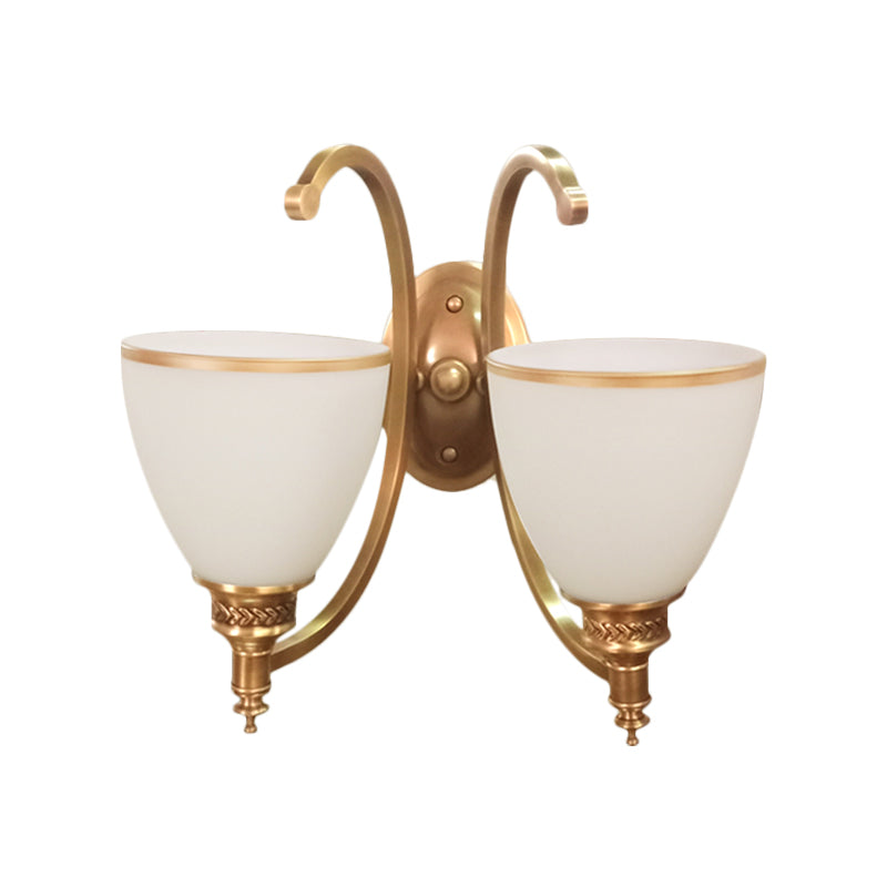 Colonial Style Metal Curved Wall Sconce With Opal Glass Shade - 1/2-Light Bedroom Gold Lighting