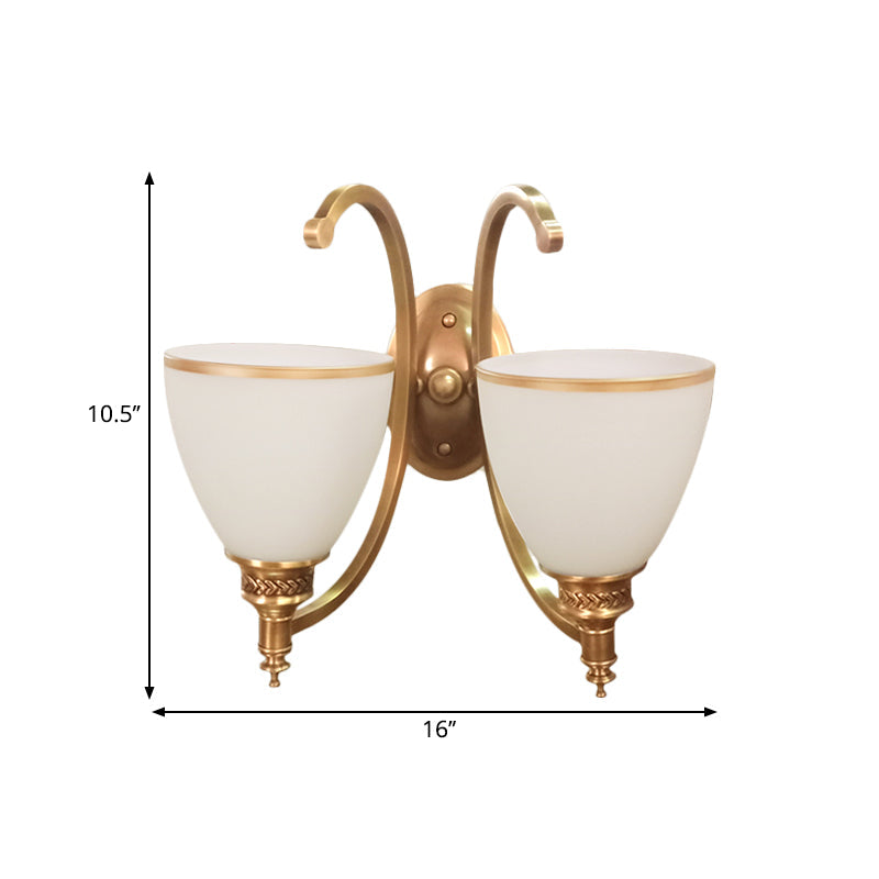 Colonial Style Metal Curved Wall Sconce With Opal Glass Shade - 1/2-Light Bedroom Gold Lighting