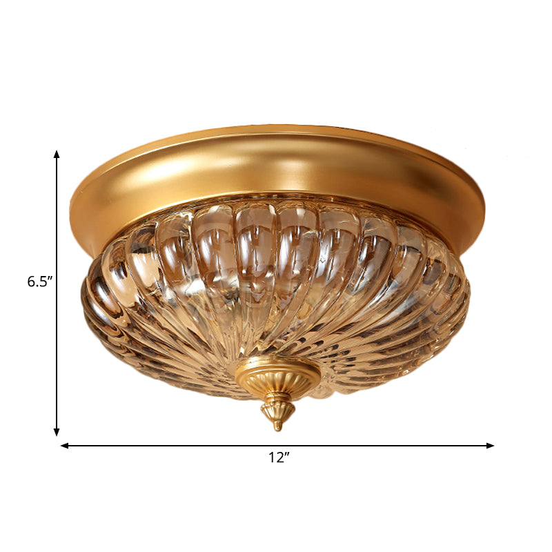 Brass Flush Mount Lamp With Prismatic Glass Dome For Corridor - 2 Heads Colonial Style 10/12 W