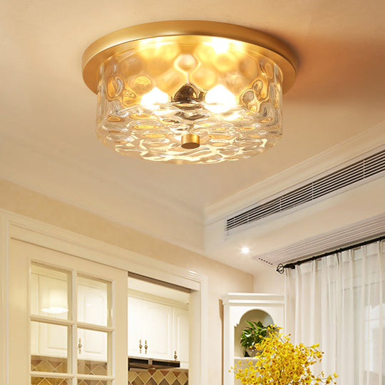 Colonial Drum Ceiling Light Fixture Clear Dimple Glass Brass Flush Mount For Living Room - 3 Bulbs