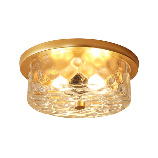 Colonial Drum Ceiling Light Fixture Clear Dimple Glass Brass Flush Mount For Living Room - 3 Bulbs