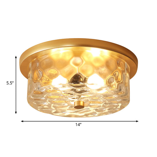 Colonial Drum Ceiling Light Fixture Clear Dimple Glass Brass Flush Mount For Living Room - 3 Bulbs