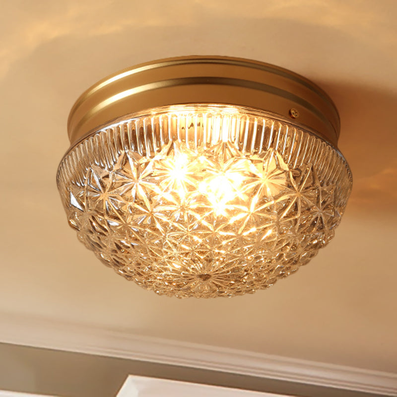 Colonial Gold Flush Mount Ceiling Light Fixture With Clear Ribbed Glass For Bedroom - Set Of 2 Bulbs