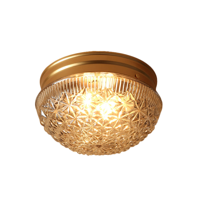 Colonial Gold Flush Mount Ceiling Light Fixture With Clear Ribbed Glass For Bedroom - Set Of 2 Bulbs