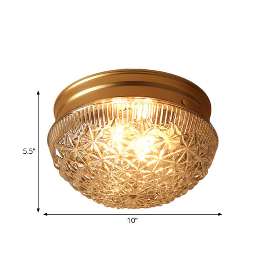 Colonial Gold Flush Mount Ceiling Light Fixture With Clear Ribbed Glass For Bedroom - Set Of 2 Bulbs