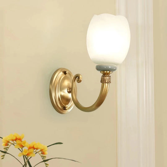 Opaline Glass Petal Wall Lamp: Vintage 1/2-Light Sconce In Brass For Living Room