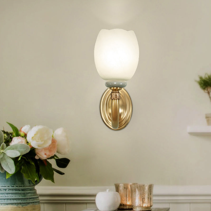 Opaline Glass Petal Wall Lamp: Vintage 1/2-Light Sconce In Brass For Living Room