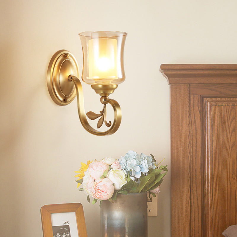 Vintage Amber Glass Bell Wall Mounted Lamp With Brass Finish Sconce Lighting