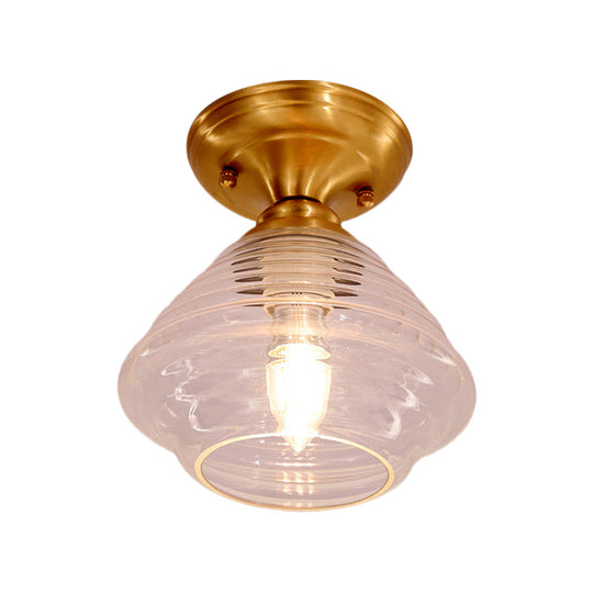 Brass Prismatic Glass Dome/Cone/Barn Flush Mount Light Fixture - Colonial Style, 1 Head Porch Lighting, 6"/7.5"/11" W